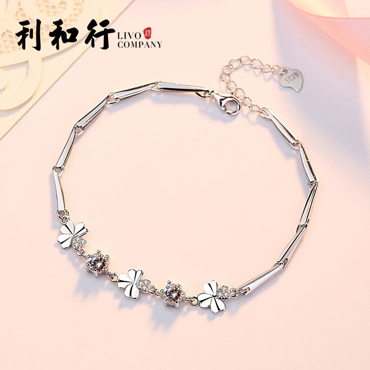 Factory Wholesale S925 Sterling Silver Bracelet Diamond-Embedded Fashion Bracelet Simple Lucky Clover Zircon Bracelet Silver Jewelry