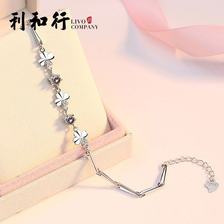 Factory Wholesale S925 Sterling Silver Bracelet Diamond-Embedded Fashion Bracelet Simple Lucky Clover Zircon Bracelet Silver Jewelry