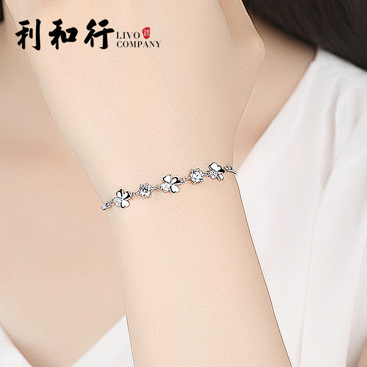 Factory Wholesale S925 Sterling Silver Bracelet Diamond-Embedded Fashion Bracelet Simple Lucky Clover Zircon Bracelet Silver Jewelry