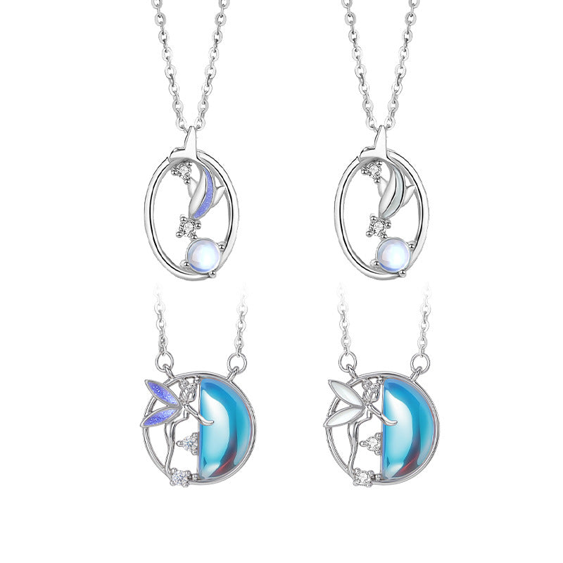New Necklace S925 Sterling Silver Dreamy Whale Moonstone Enamel Craft Luminous Fishtail Lover Ring Gift Accessories