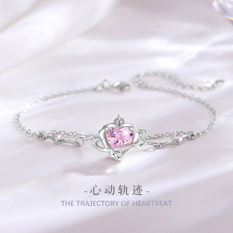 Lovely Sterling Silver 925 Bracelet Female Niche Design Light Luxury Star Pink Diamond Bracelet Qixi Ins Style Planet Bracelet