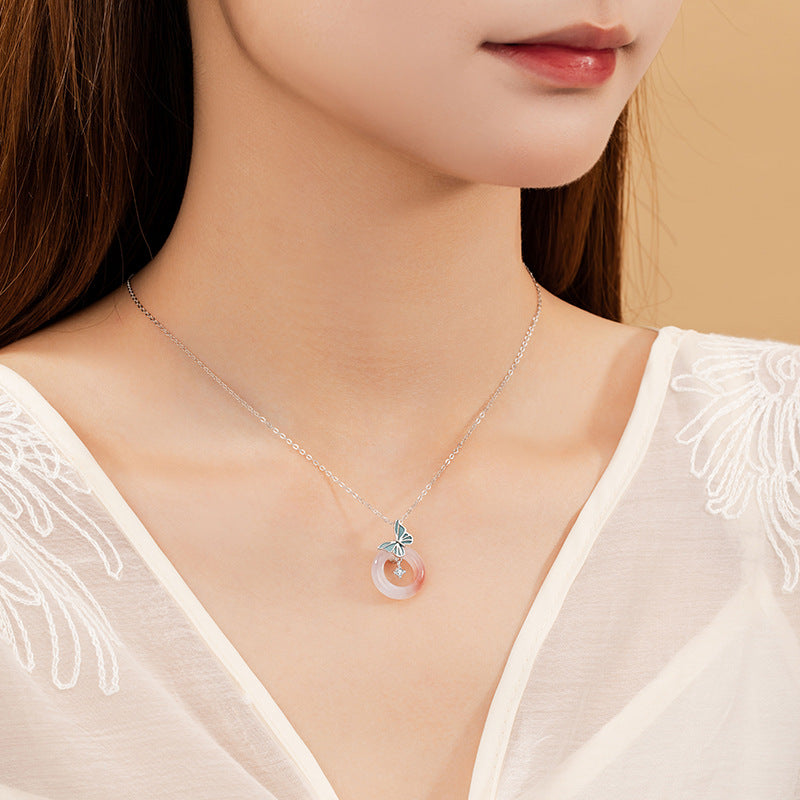 Butterfly Luminous Sterling Silver 925 Necklace Light Luxury High-Grade Salt Source Agate Clavicle Chain Ins Style Safety Buckle Pendant
