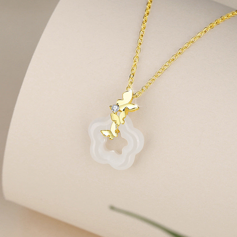 Butterfly Sterling Silver 925 White Jade Necklace Women's Fashion Versatile Flower-like Brocade Clavicle Chain Ins Style Plum Pendant