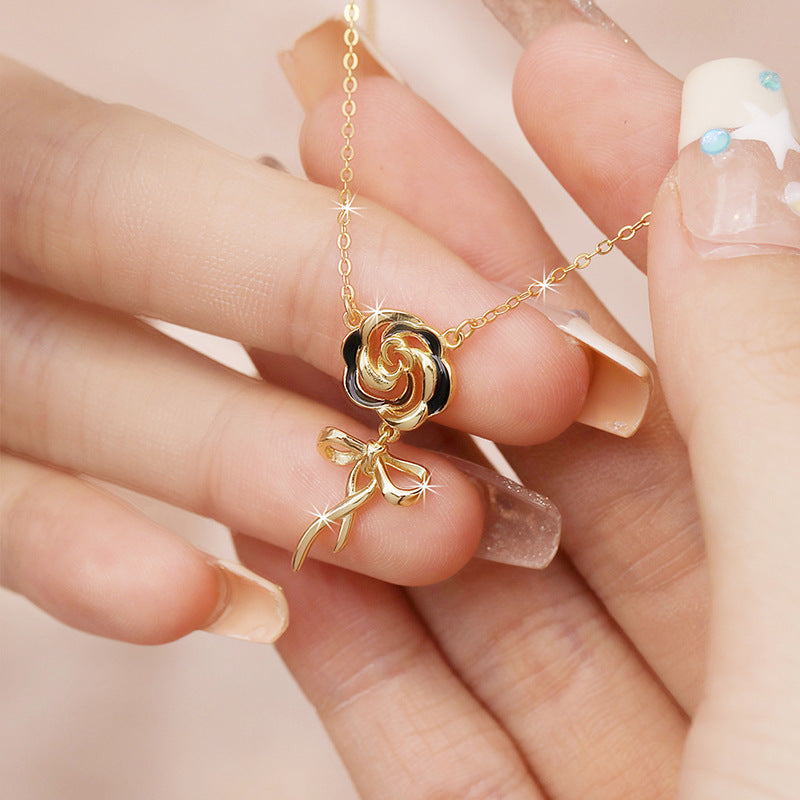 Rose Sterling Silver 925 Necklace Female Niche Design Light Luxury Bow Clavicle Chain Ins Style Flower Pendant