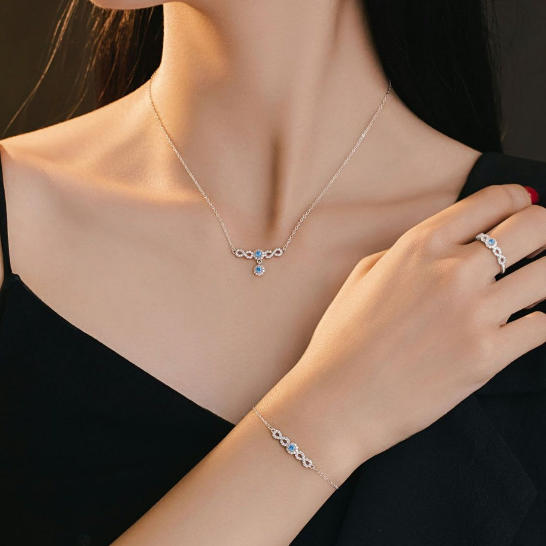 Mobius Sterling Silver 925 Necklace Women's Light Luxury High-Grade Blue Zircon Clavicle Chain Small Red Book Same Pendant