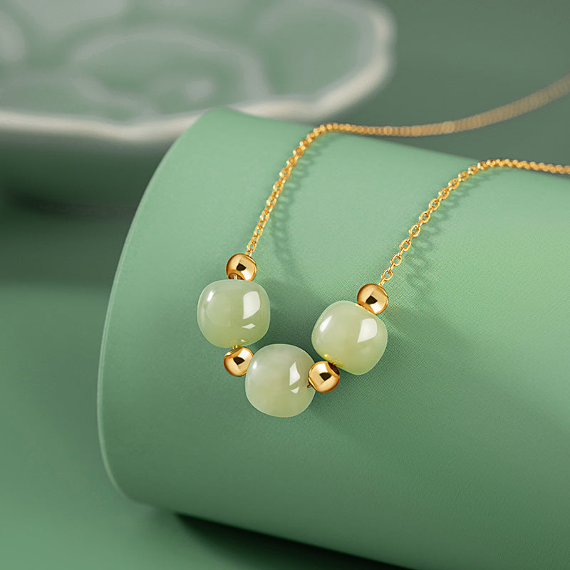 Original Sansheng Sanshi Sterling Silver 925 Hetian Jade Necklace Women's New Chinese National Fashion Clavicle Chain Ins Style round Bead Pendant