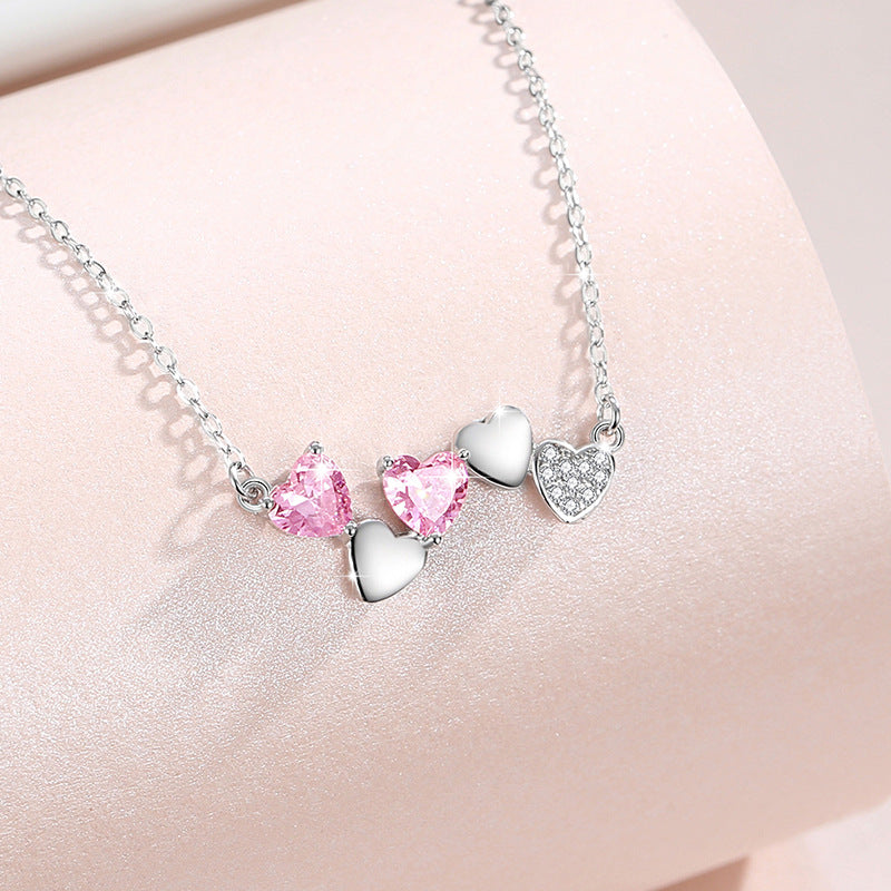 Lovely Sterling Silver 925 Necklace Female Niche Design Light Luxury Pink Zircon Clavicle Chain 520 Valentine's Day Pendant