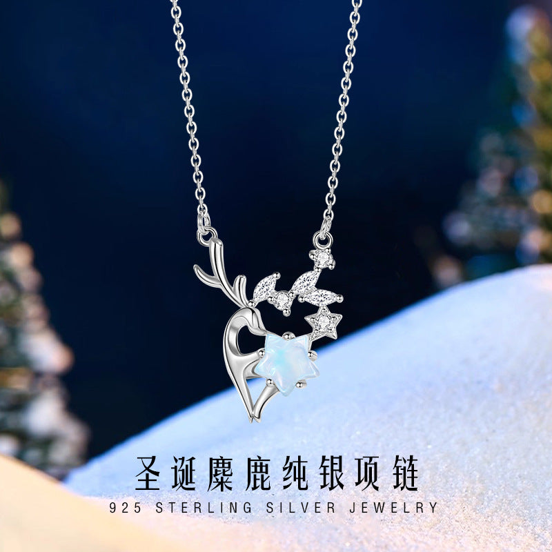 Yi Lu Has You Sterling Silver 925 Necklace Women's Light Luxury Star Glass Stone Clavicle Chain Christmas Ins Antler Pendant