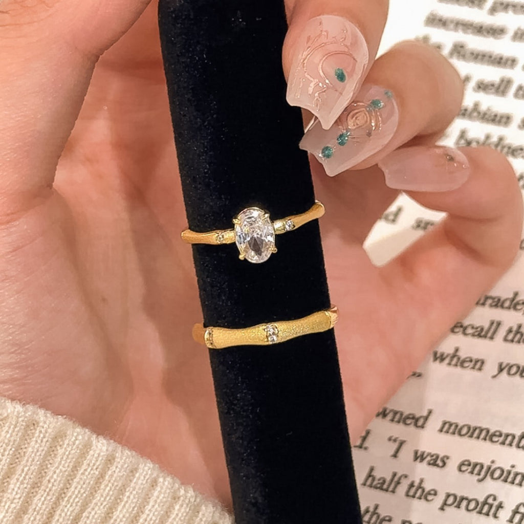 Bamboo Sterling Silver 925 Couple Ring, Antique Style Handmade Brushed Oval Zircon Ring, Light Luxury High-Grade Ring