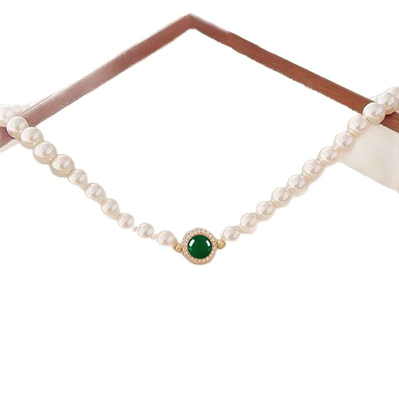 Natural Freshwater Pearl Sterling Silver 925 Necklace Light Luxury High-Grade Green Chalcedony Clavicle Chain Mother's Day Gift Pendant
