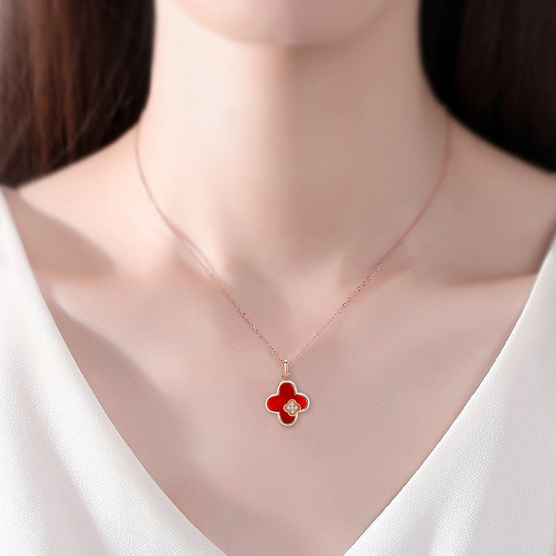 Original Clover Sterling Silver 925 Necklace Women's Light Luxury Chinese Valentine's Day Gift for Girlfriend Ins Simple Red Agate Pendant