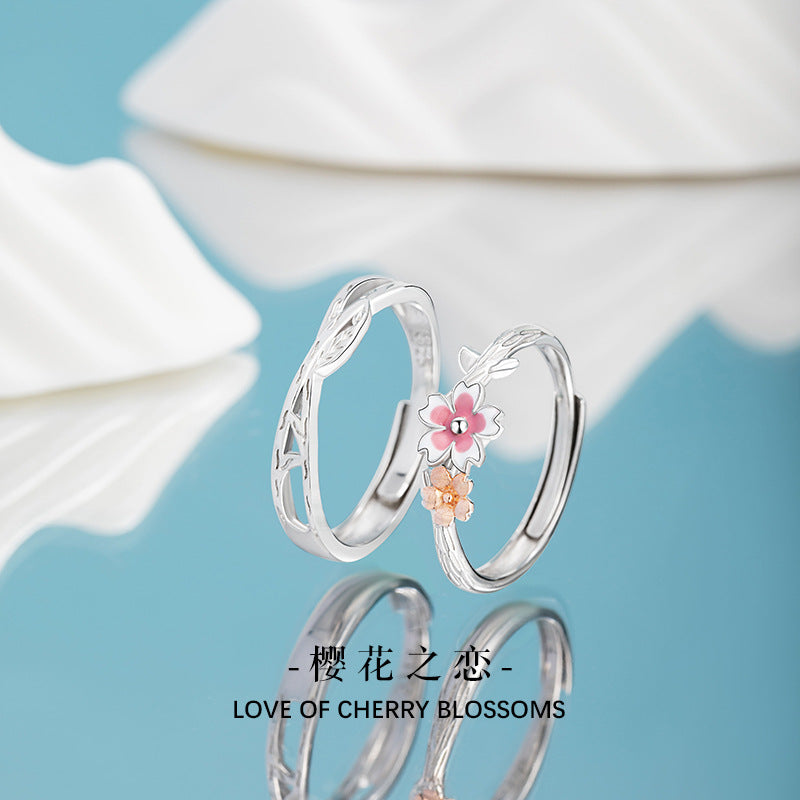 Cherry Blossom Sterling Silver 925 Couple Ring Men's and Women's New Chinese Style National Fashion Flower Mori Ring Ins Style Peach Blossom Ring