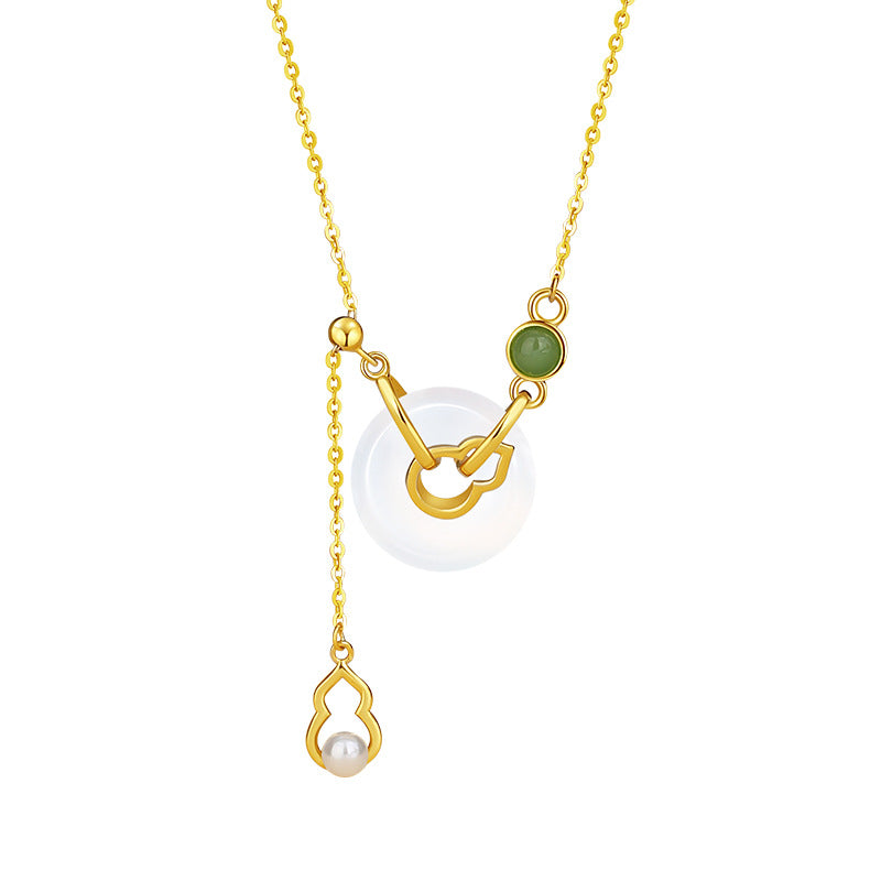 Fu Lu Double Full Sterling Silver 925 Chalcedony Necklace National Fashion Pearl Gourd Clavicle Chain Peace Buckle Hetian Jasper Pendant