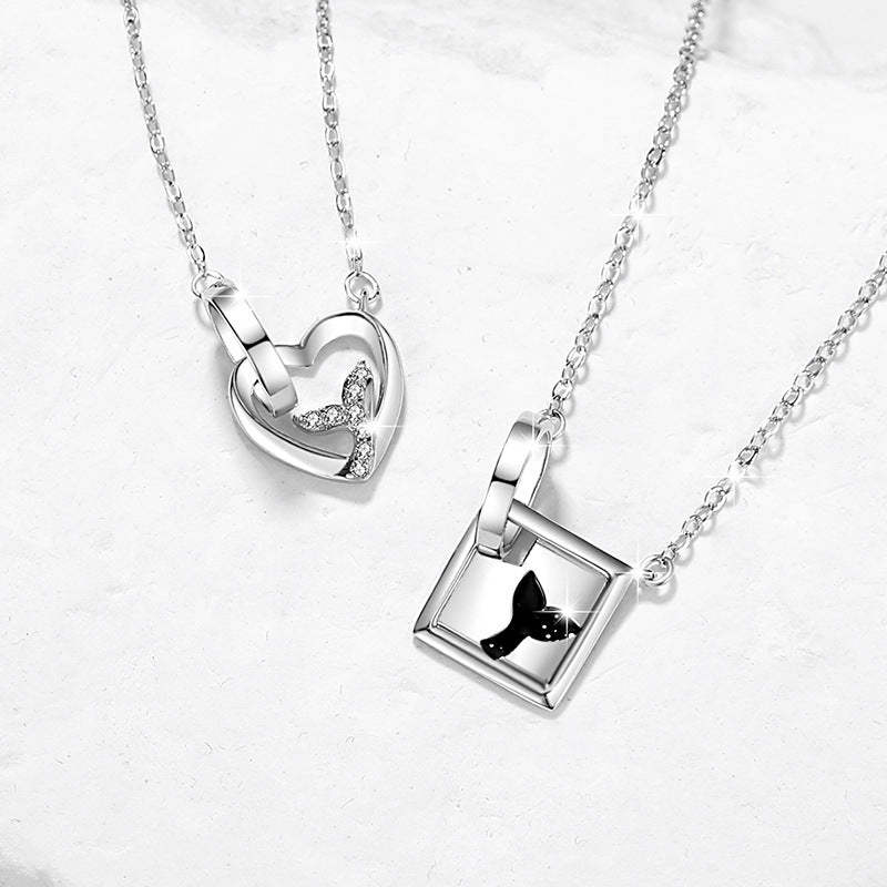 Whale Has You Sterling Silver 925 Couple Necklace Men and Women Fashion All-Match Fishtail Clavicle Chain Ins Style Love Pendant