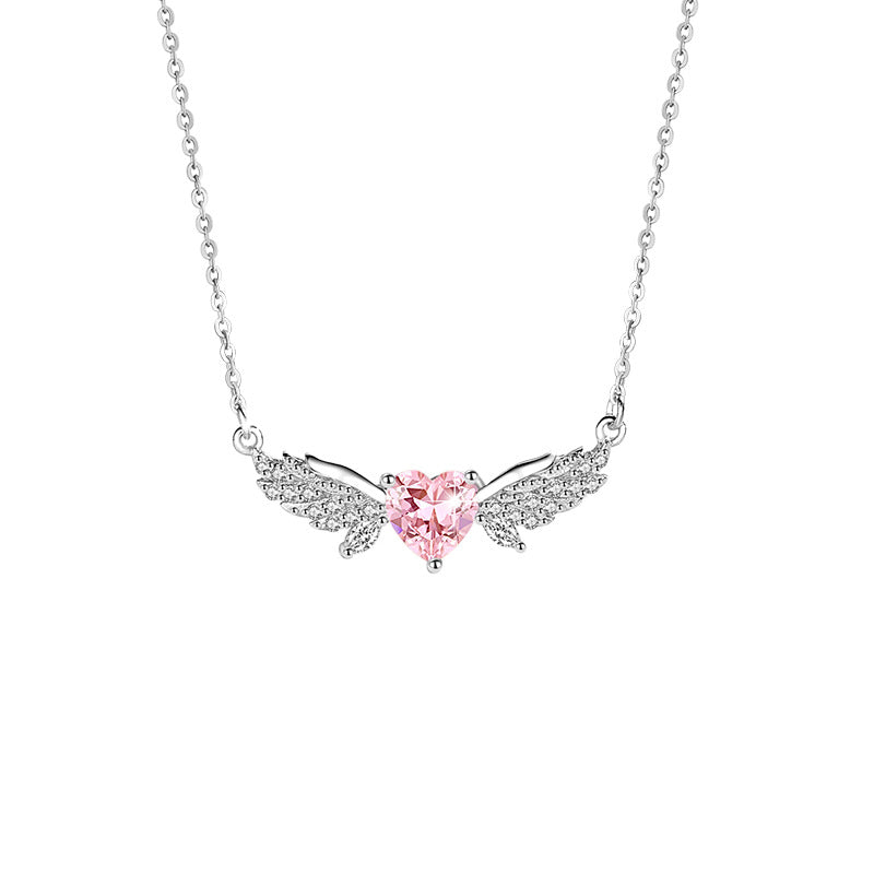 Angel Wings Sterling Silver 925 Necklace Women's Fashion Versatile Pink Zircon Clavicle Chain Valentine's Day Love Pendant