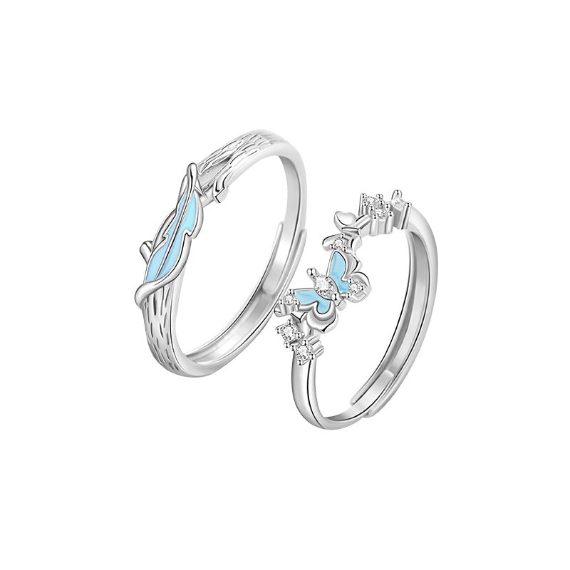 Yu You Accompany Sterling Silver 925 Luminous Couple Ring Light Luxury High-Grade Feather Ring Ins Style Butterfly Ring
