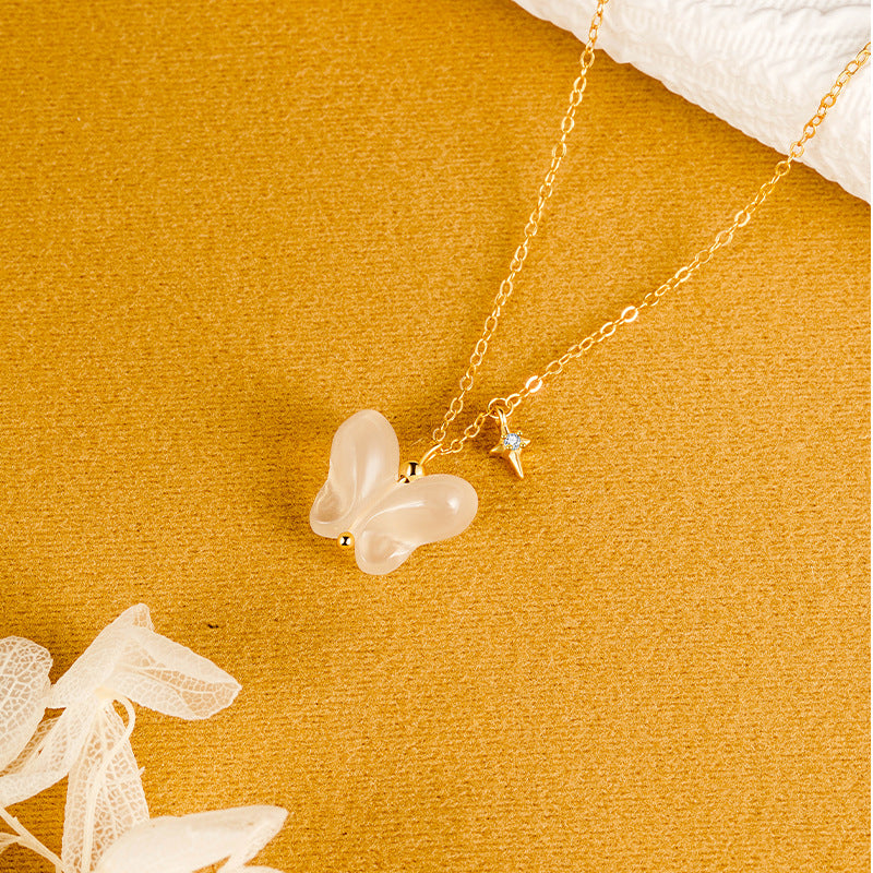 New Chinese Style Butterfly Jade Jewelry Natural Ice Chalcedony Pendant Exquisite S925 Sterling Silver Necklace Gold-Plated Clavicle Chain