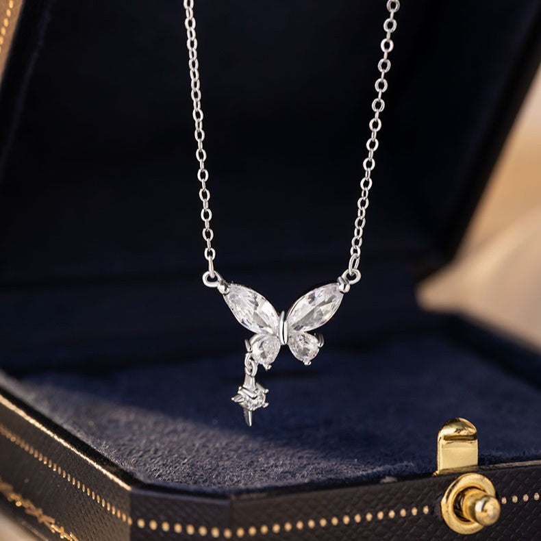 Butterfly Zircon Pure Silver 999 Necklace Women's Fashion Versatile Star Tassel Clavicle Chain Small Red Book Same Pendant