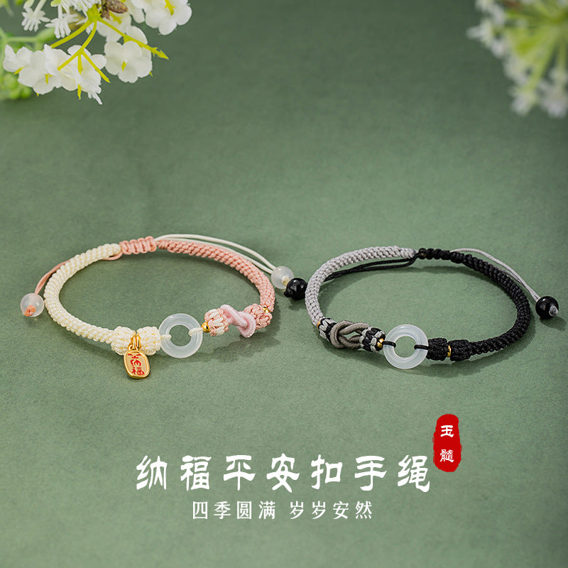 Safety Buckle Sterling Silver 925 Couple Bracelet Men's and Women's New Chinese National Fashion Chalcedony Bracelet Ins Style Lucky Bracelet