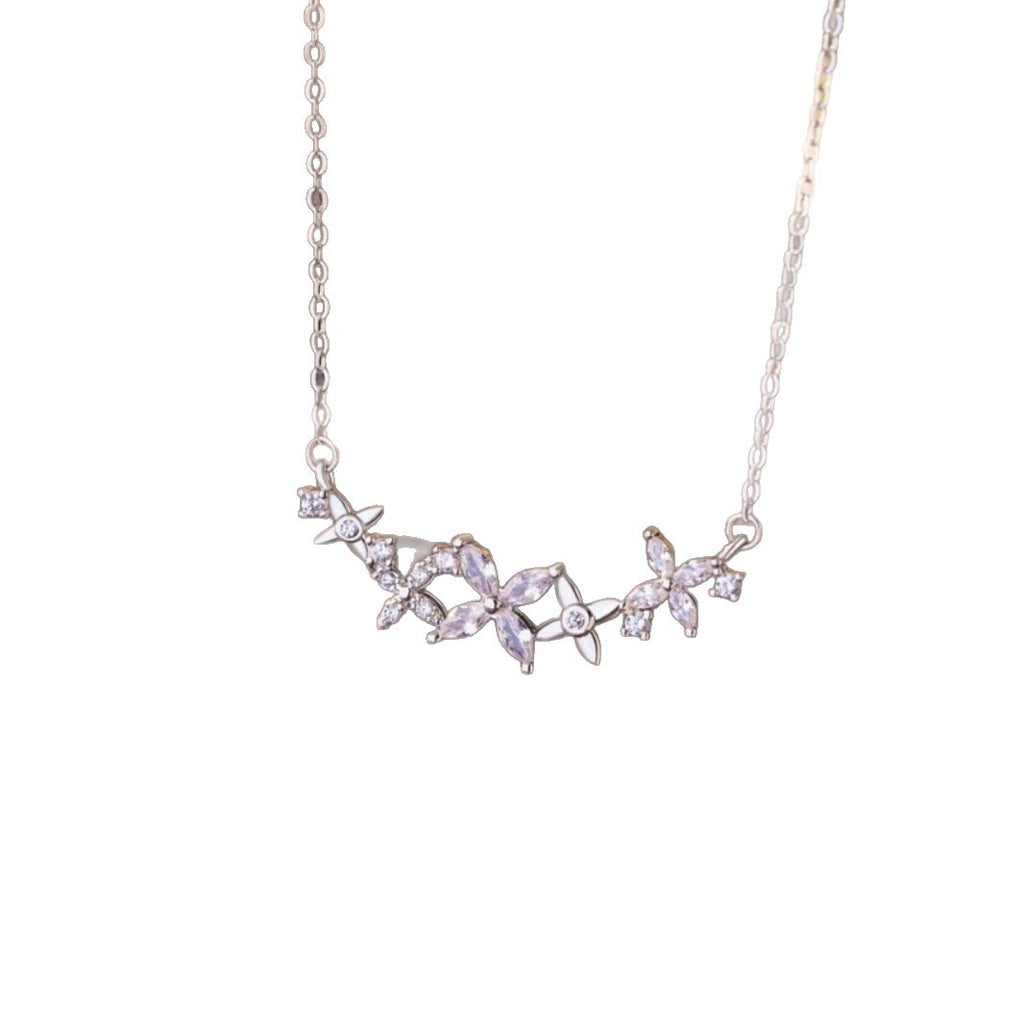 Butterfly Sterling Silver 925 Necklace Women's Fashion Versatile Zircon Flower Clavicle Chain Ins Style Lucky Clover Pendant