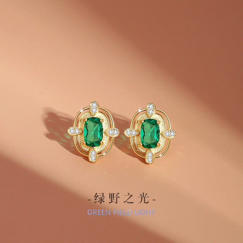 Square Sugar Sterling Silver 925 Stud Earrings Female Niche Design Light Luxury Emerald Zircon Earrings High-Grade Cross-Border Earrings