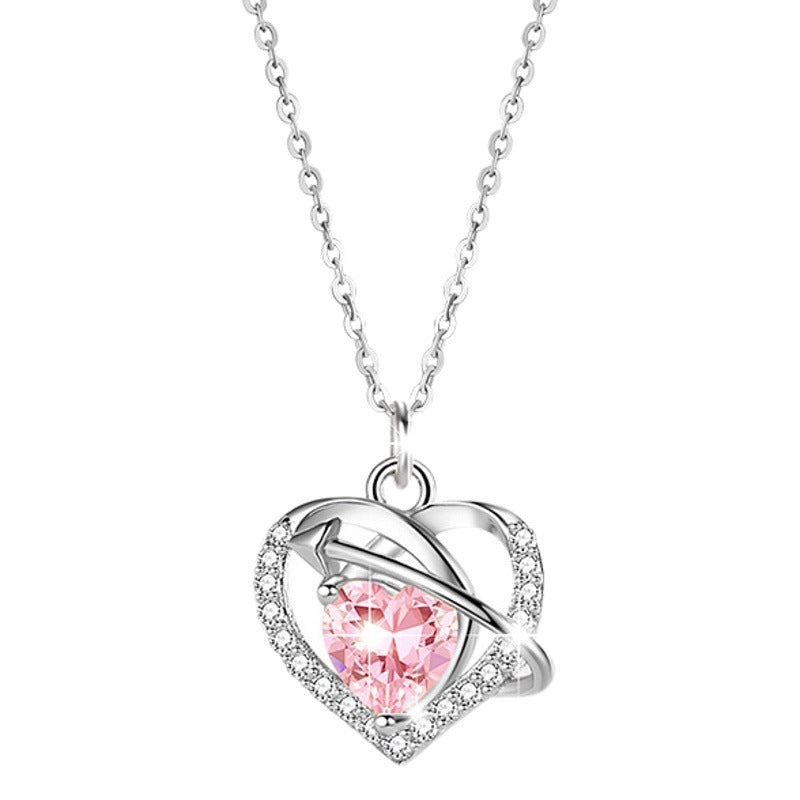 Women's Heart-Shaped Sterling Silver 925 Necklace, Fashionable All-Match Pink Zircon Clavicle Chain, INS Heart-Piercing Pendant