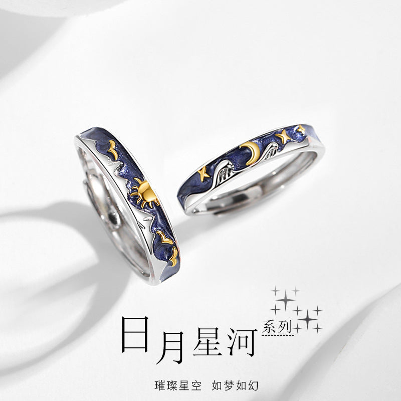 Sun Moon Star River Sterling Silver 925 Couple Ring Simple Niche Plain Ring Goddess Festival Sun Moon Adjustable Ring