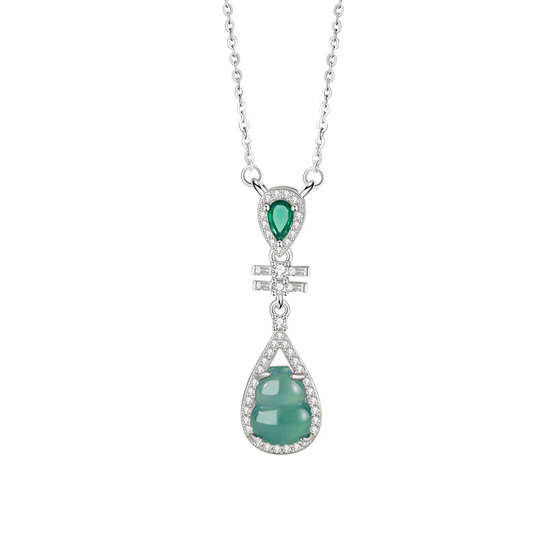 Gourd Sterling Silver 925 Necklace Women's New Chinese Style Natural Dangerous Material Blue Water Jade Clavicle Chain Ins Fu Lu Double Full Pendant