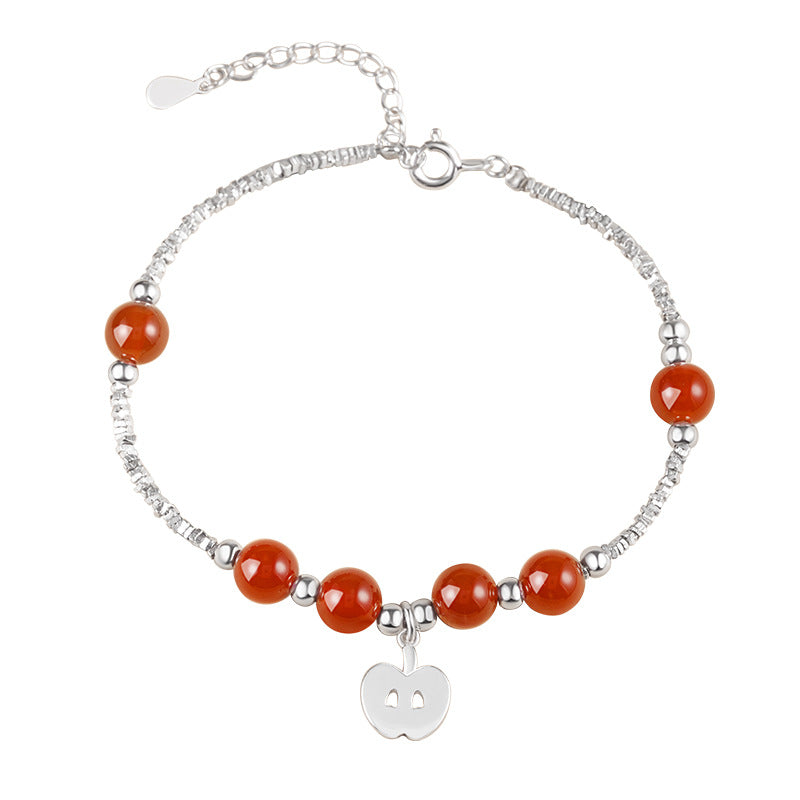 Women's Two Sterling Silver 925 Bracelet with Broken Silver, Light Luxury, High-Grade Christmas Eve Apple Bracelet, Red Agate Christmas Bracelet