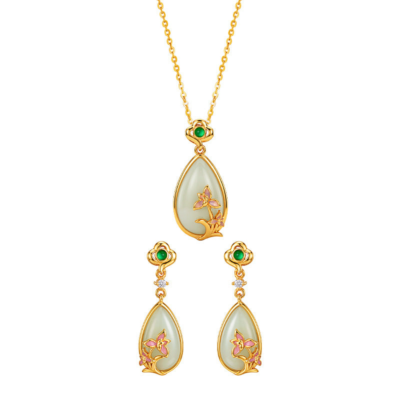 Oriental Charm S925 Sterling Silver Necklace Earrings New Chinese Water Drop Hetian Jade Set Enamel Orchid Gift Accessories