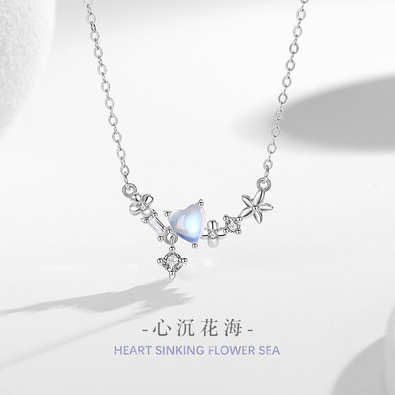 Lovely Sterling Silver 925 Necklace Women's Fashion Versatile Moonstone Clavicle Chain Ins Style Star Pendant for Girlfriend