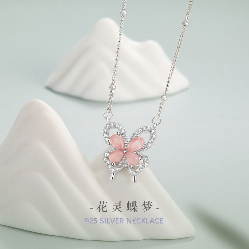 Butterfly Sterling Silver 925 Necklace Female Niche Design Light Luxury Pink Opal Clavicle Chain Ins Style Love Pendant