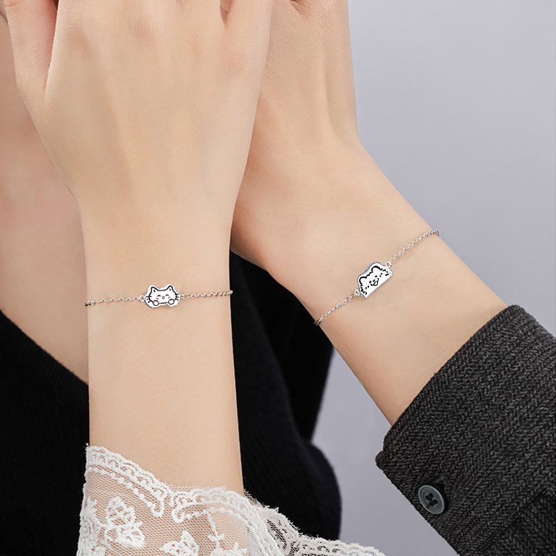 S925 Sterling Silver Hand-Painted Cat Couple Bracelet Niche Design Adjustable Ins Style Bracelet Boys and Girls Style