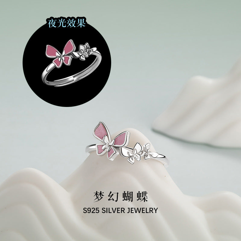 Butterfly Sterling Silver 925 Ring Women's Fashion Versatile Open Adjustable Zircon Ring Ins Style Star Pair Ring