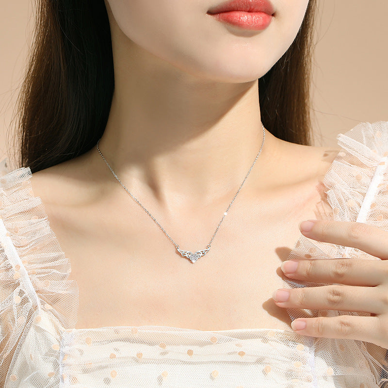 Angel Wings Sterling Silver 925 Necklace Female Niche Design Light Luxury Pink Diamond Clavicle Chain Thing Ins Love Pendant
