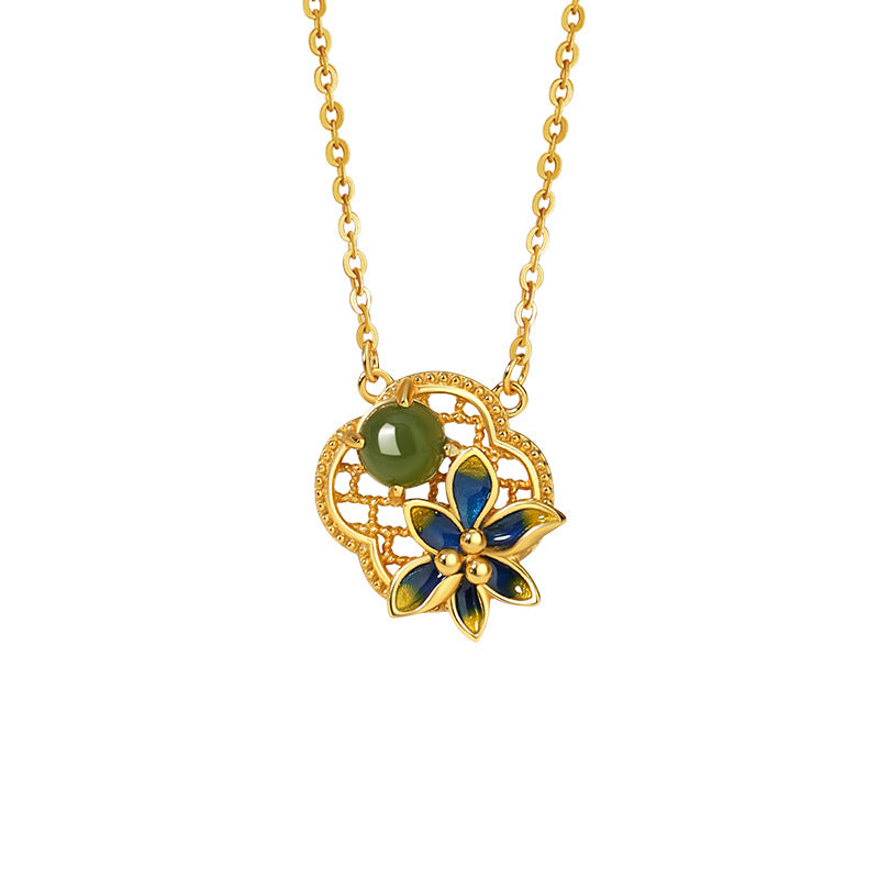 Clover Sterling Silver 925 Necklace Women's New Chinese Style National Fashion Hetian Jasper Flower Clavicle Chain Ins Wind Window Flower Pendant