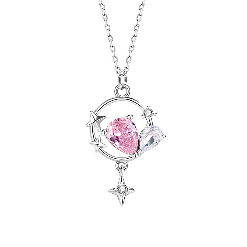 Star Sterling Silver 925 Necklace Female Niche Design Light Luxury Pink Zircon Clavicle Chain Get Things Ins Tassel Pendant