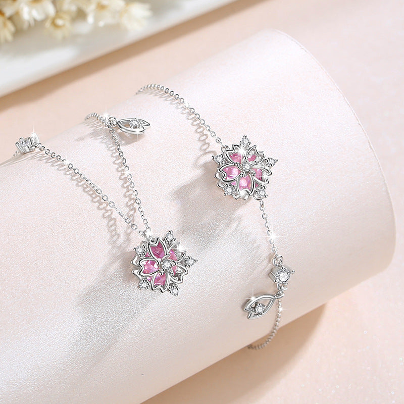Cherry Blossom Sterling Silver 925 Necklace Female Niche Design Light Luxury Pink Zircon Clavicle Chain Get Things Ins Style Pendant