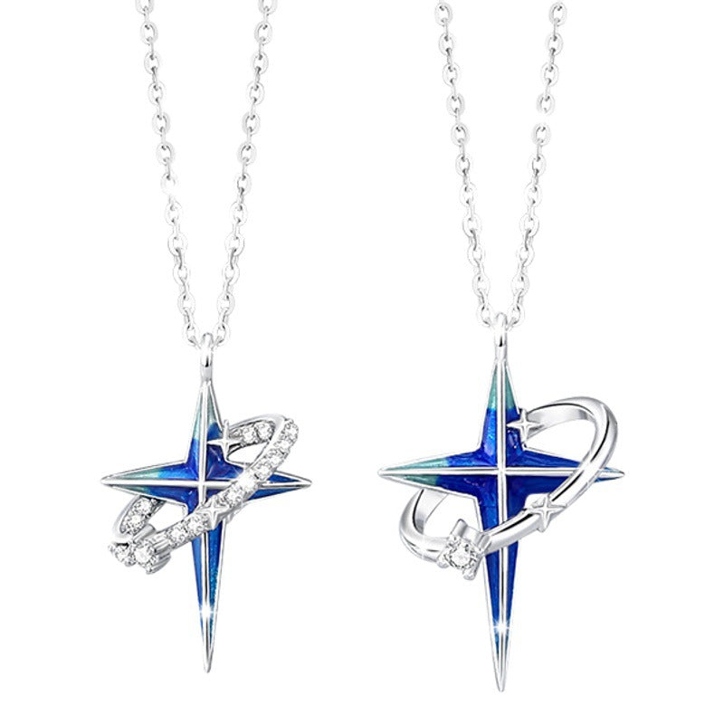 Star Sterling Silver 925 Couple Necklace Female Light Luxury Planet Zircon Clavicle Chain Get Things Ins Style Four Awn Star Pendant
