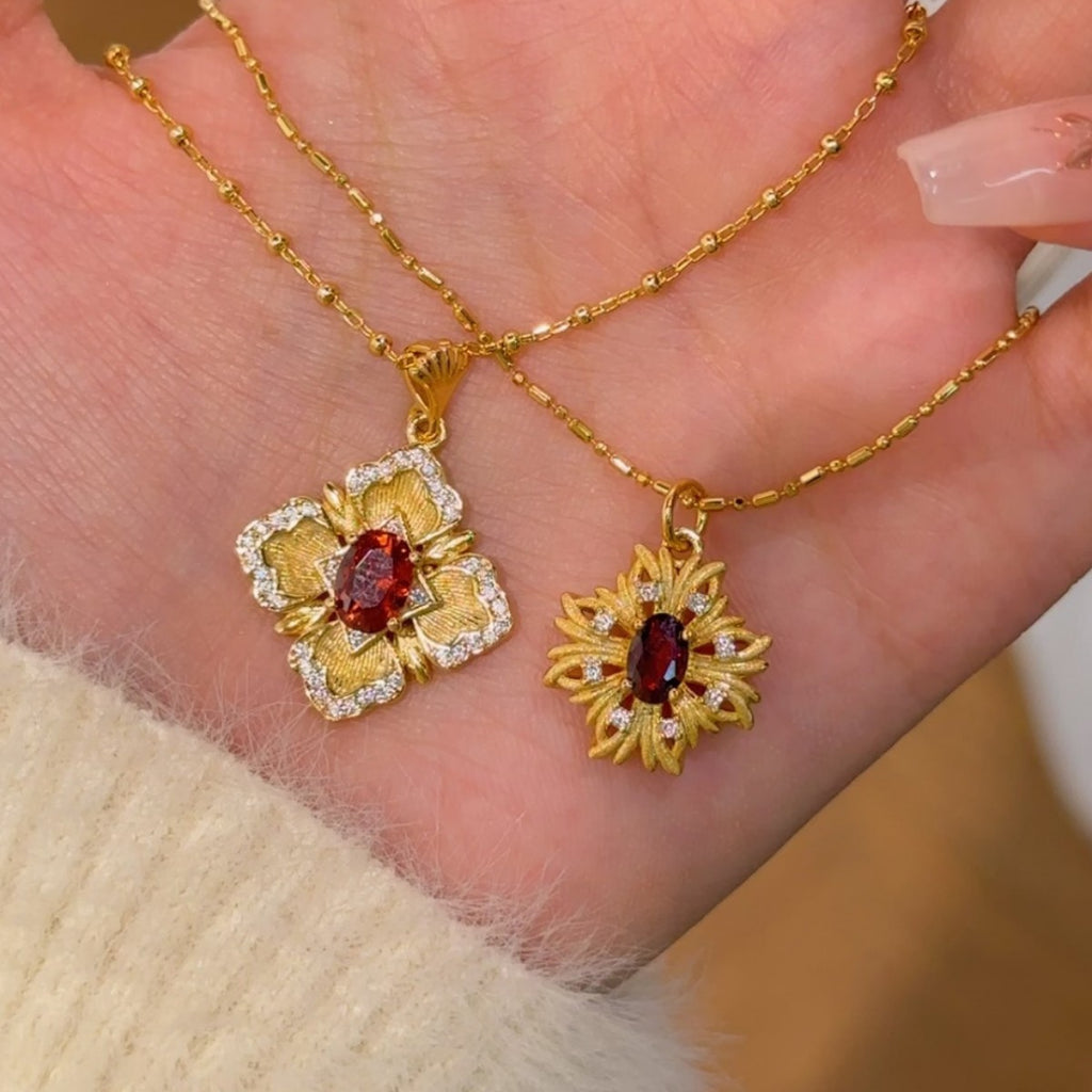 Vintage Buqi Style Rose Window Red Zircon Sterling Silver 925 Necklace Light Luxury High-Grade Clavicle Chain Square Pendant