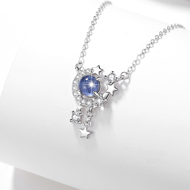 Moon Sterling Silver 925 Necklace Female Niche Design Light Luxury Glass Stone Clavicle Chain Ins Style Star Tassel Pendant