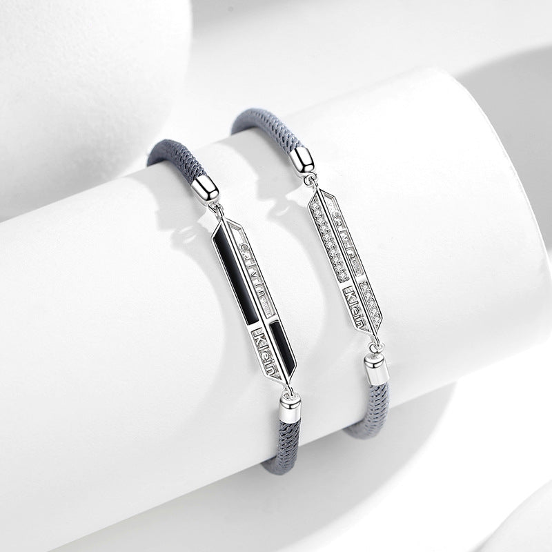 Love Mark Couple Bracelet Gray Rope S925 Sterling Silver Men's and Women's Couple Bracelet Light Luxury Niche Valentine's Day Gift