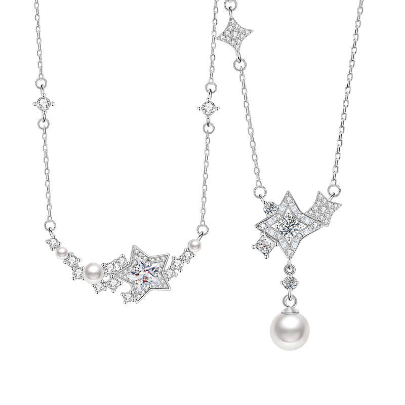S925 Sterling Silver Star Pearl Necklace Light Luxury Niche High-Grade Versatile Temperament Clavicle Chain Silver Jewelry Gift Wholesale