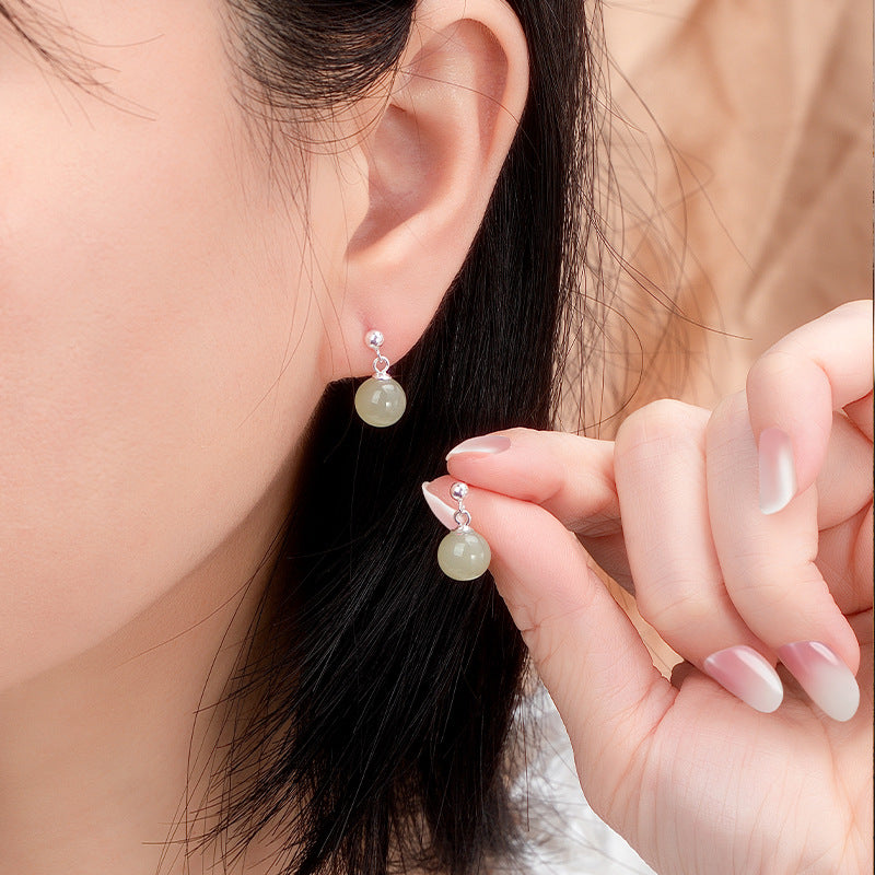 S925 Silver Natural Hetian Jade Stud Earrings New Chinese Pearl National Style Light Luxury Niche Commuter Earrings Female Factory Wholesale