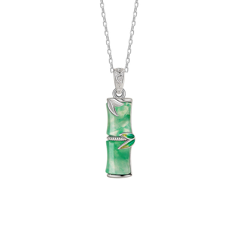 High-Rise Sterling Silver 925 Necklace Women's New Chinese Style Natural Jade Bamboo Clavicle Chain Ins Style Bamboo Pendant