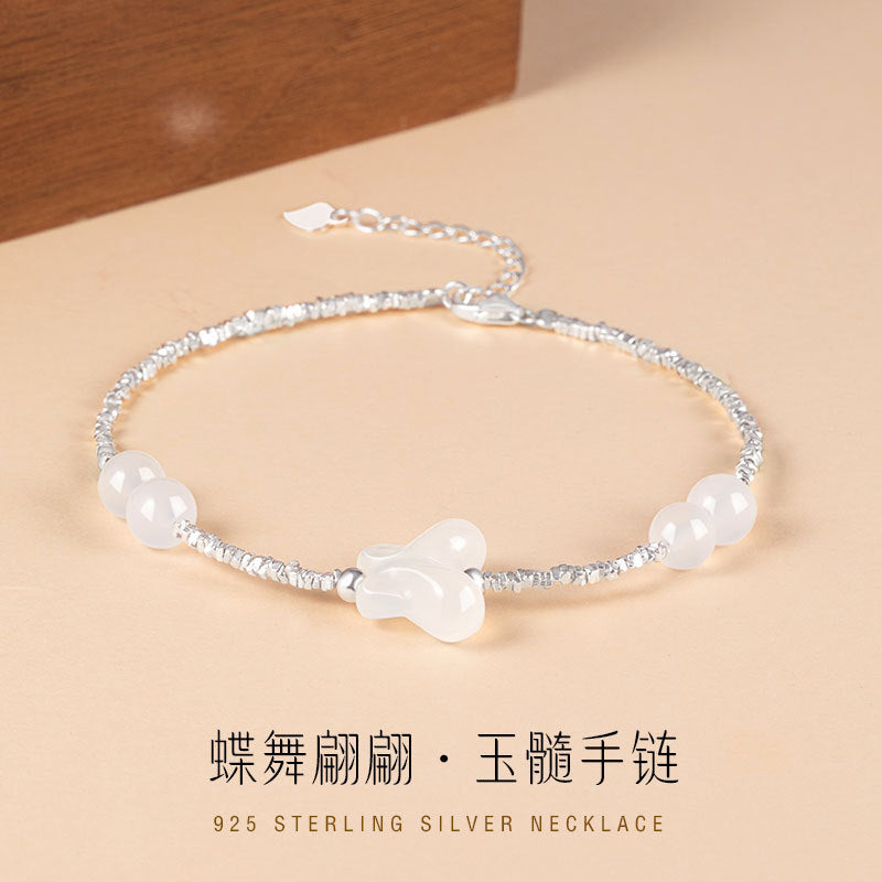 Silver Jewelry Source Factory Wholesale S925 Sterling Silver Broken Silver Couple Bracelet New Butterfly Dancing White Chalcedony Bracelet for Women