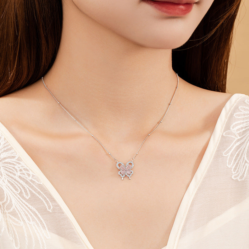 Butterfly Sterling Silver 925 Necklace Female Niche Design Light Luxury Pink Opal Clavicle Chain Ins Style Love Pendant