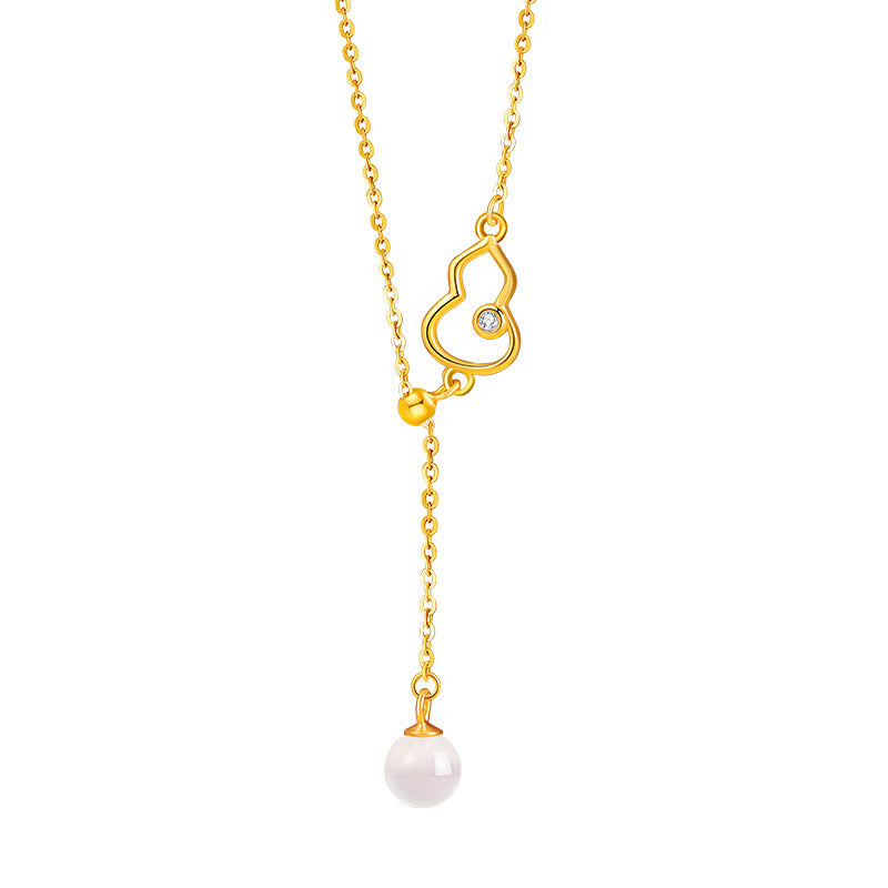 Fu Lu Double Full Sterling Silver 925 Women's New Chinese Style National Fashion Chalcedony Tassel Clavicle Chain Ins Style Gourd Zircon Pendant