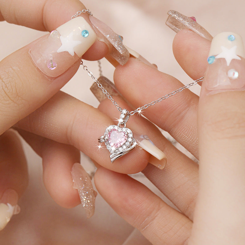 Lovely Sterling Silver 925 Necklace Female Niche Design Light Luxury Star Clavicle Chain Item Ins Pink Zircon Pendant