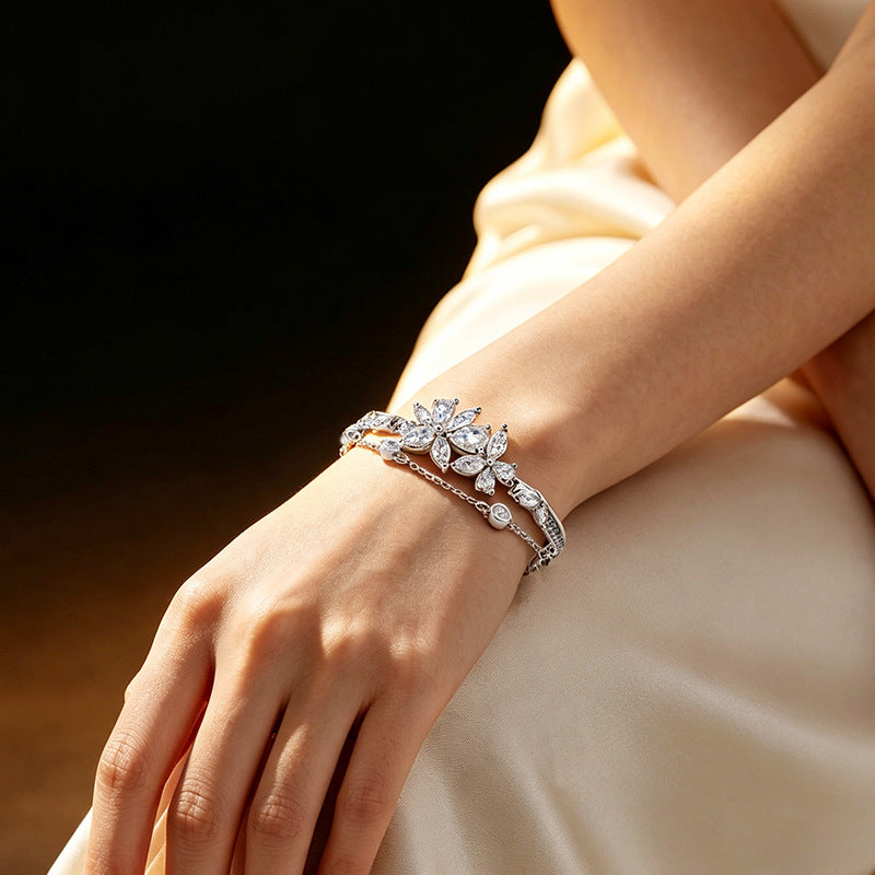 S925 Sterling Silver Bracelet Women's Light Luxury Double-Layer Design Flower Bracelet Banquet High-Grade Accessories Niche Gift for Girlfriend